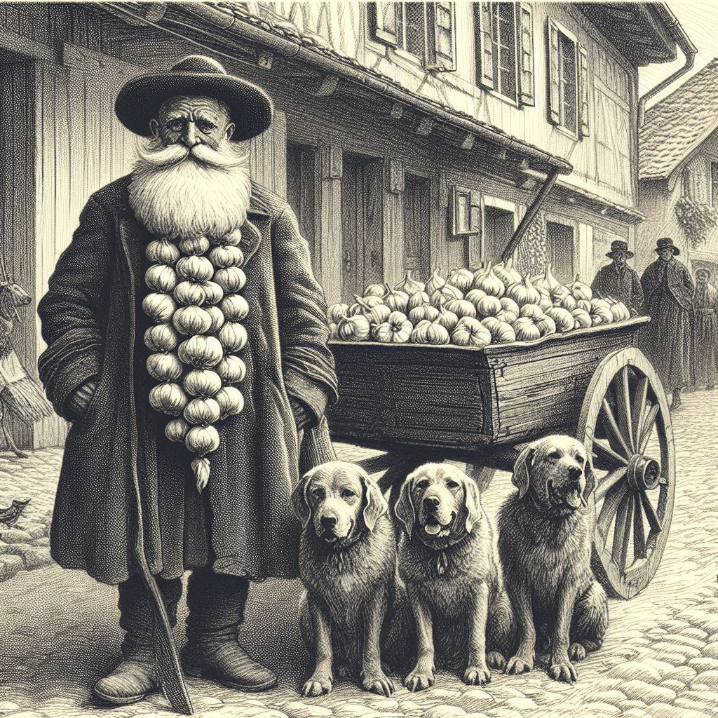 Le marchand d’aiets, sa carriole et ses trois chiens.
